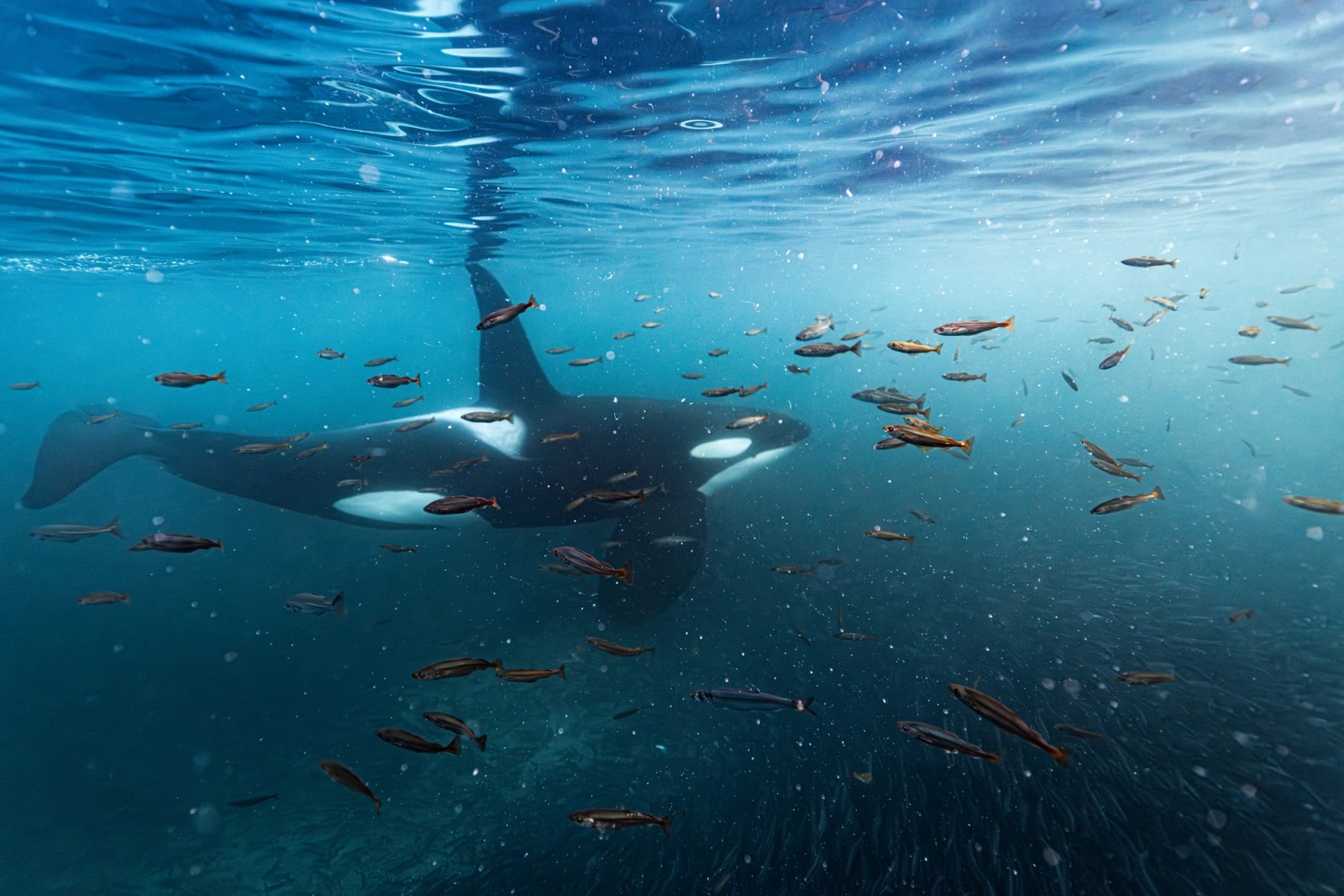 An orca moving through a dense school of herring in shallow water, northern Norway, with surface light above.