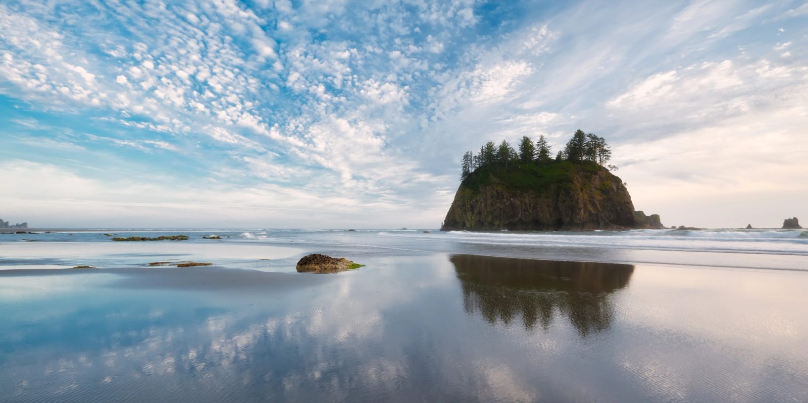 A tree-topped sea stack at Second Beach, Washington, mirrored in the wet sand at low tide, with a sky of scattered white clouds reflected around it.