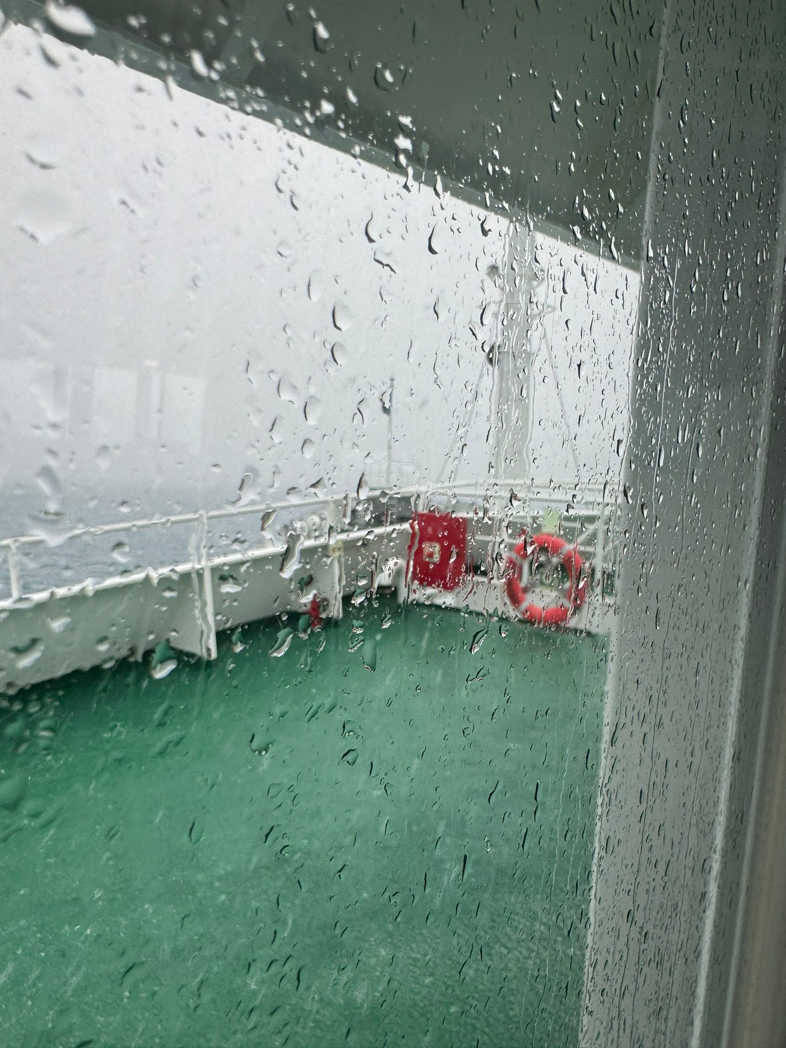 Rain-streaked window looking out on the ship's green bow deck, with a white railing, a red life ring, and gray fog over the sea.