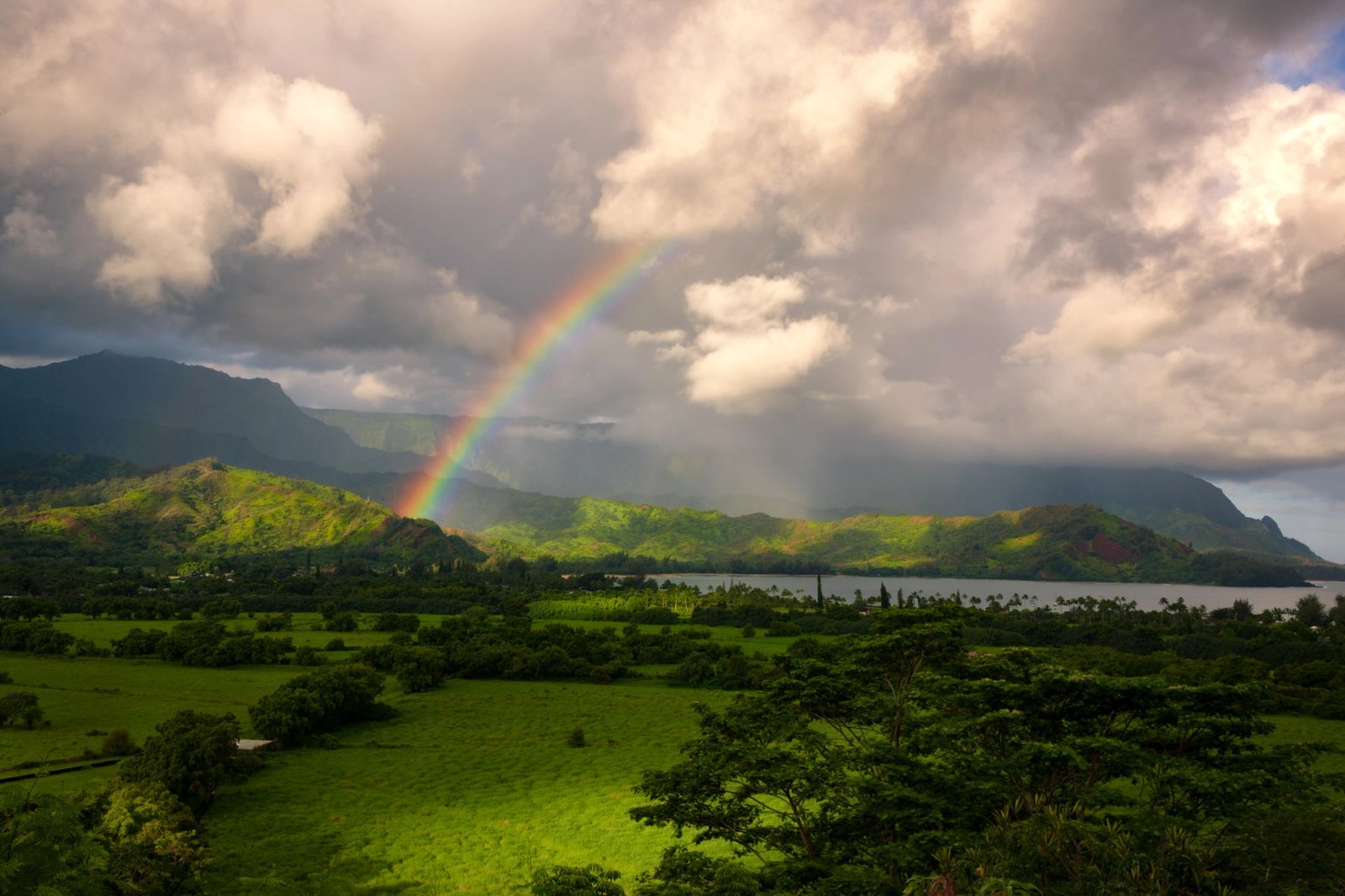 A vivid rainbow coming down into the green hills above Hanalei Bay on Kauai, with rain falling in the valley under dark storm cloud and the pastures below lit by morning sun.