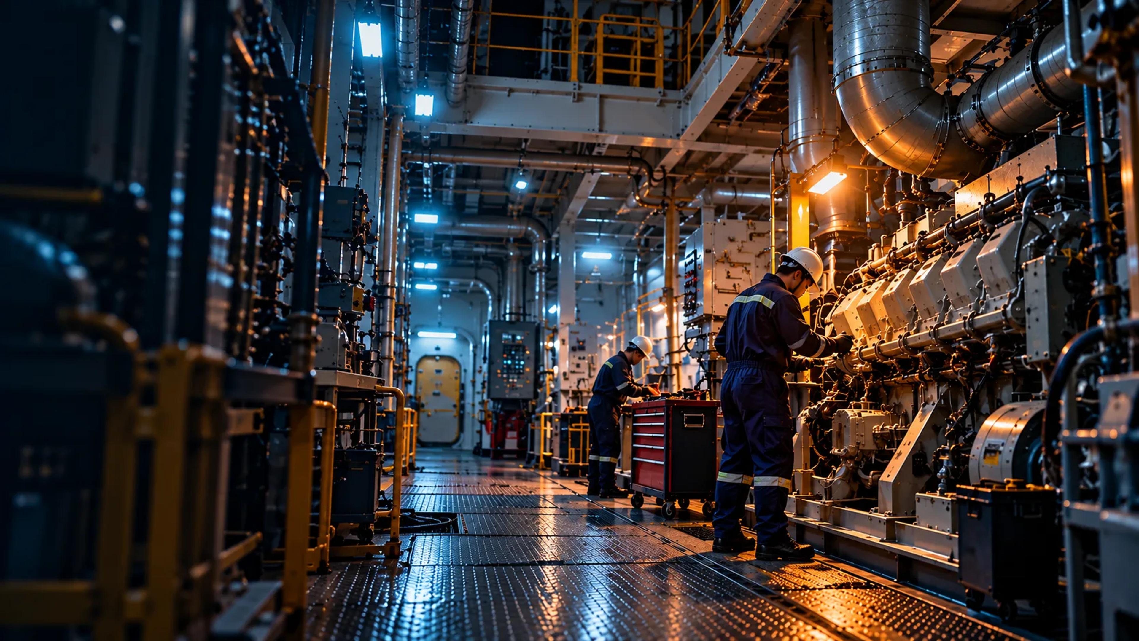 Marine engineers servicing machinery in a ship engine room