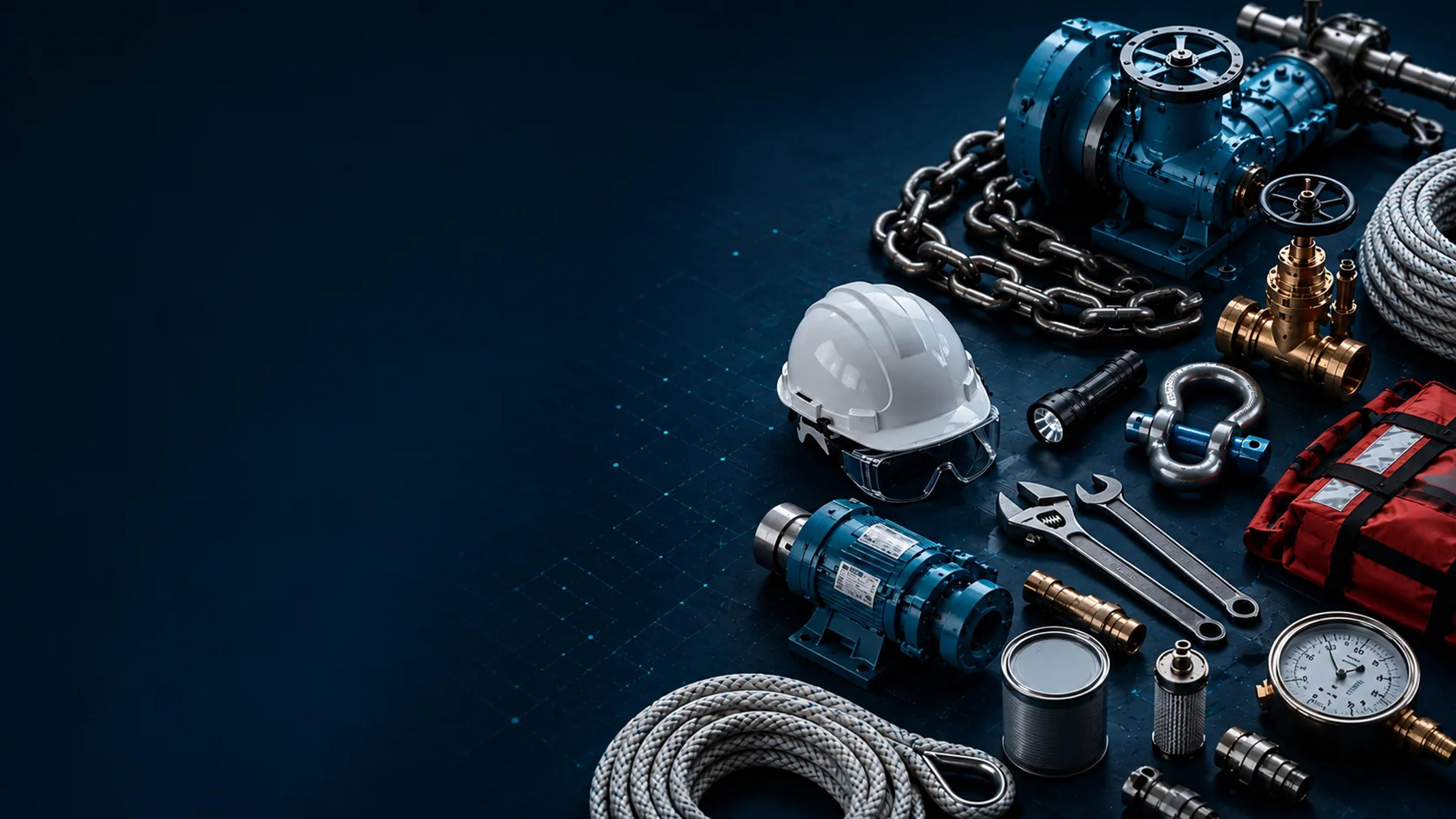 Marine supplies and equipment — safety gear, tools, valves, and rope laid out on a dark surface