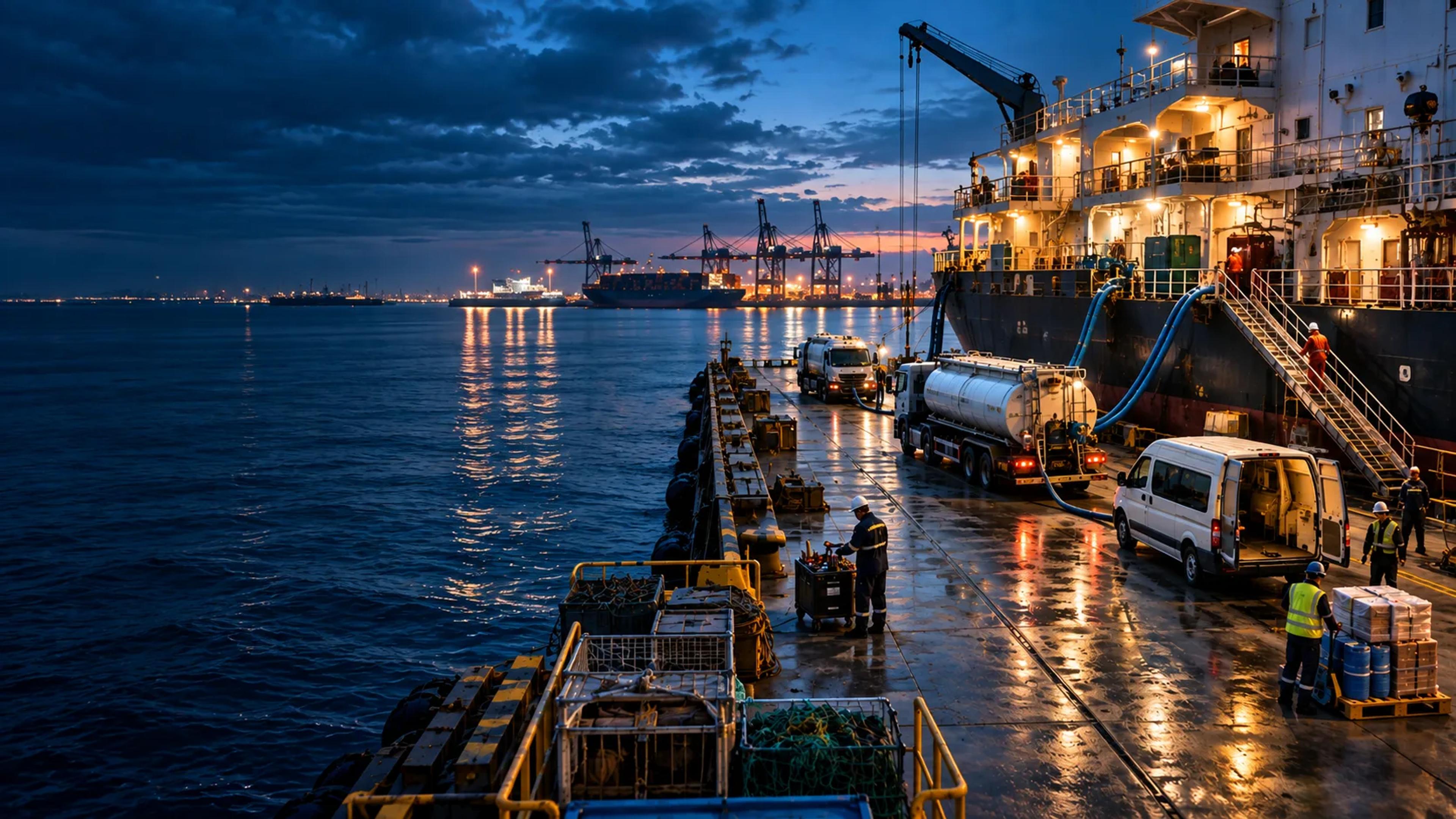 Port services at dusk — a tanker truck, supply van and crew working on the quay beside a docked ship