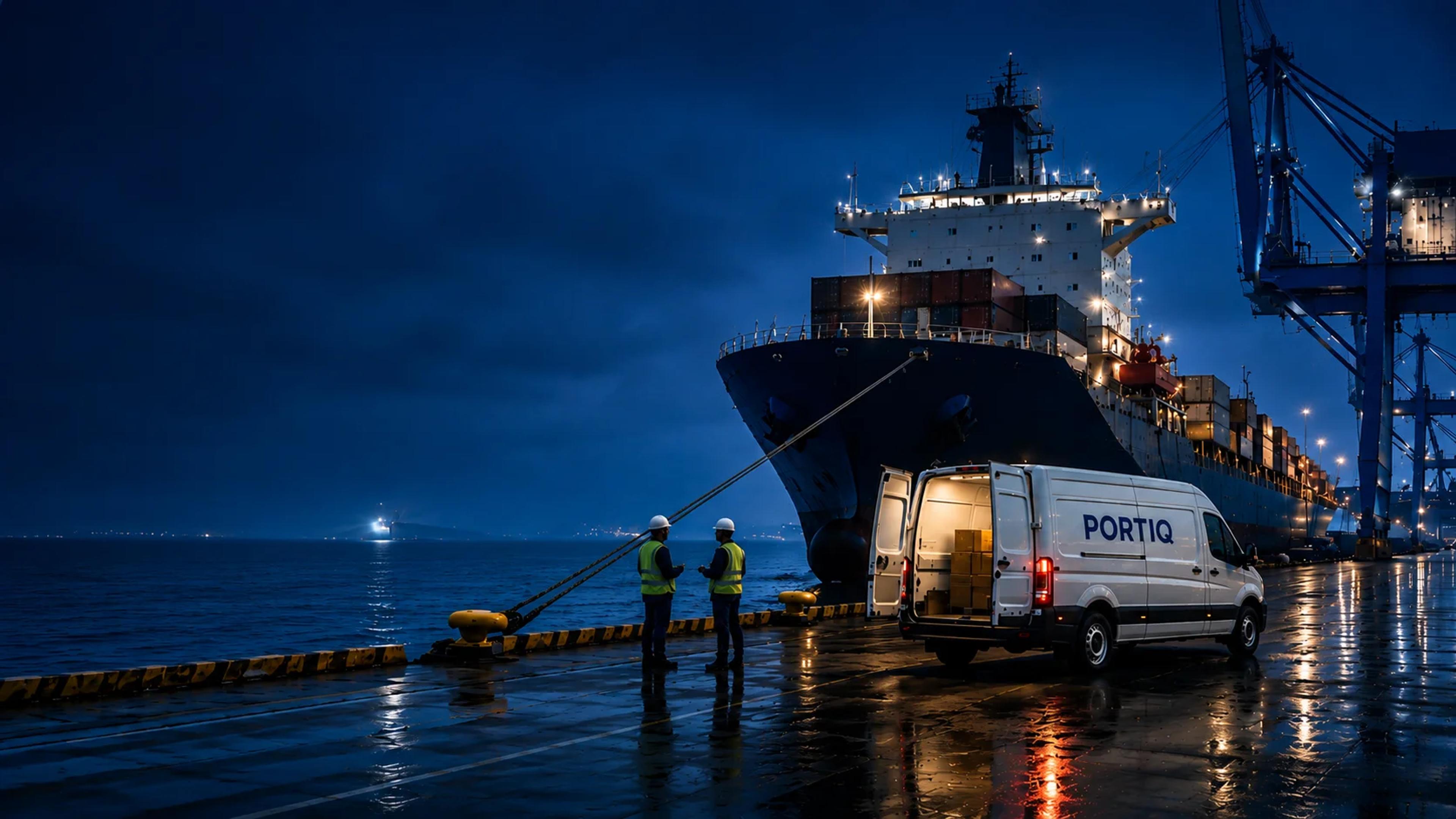 A PortIQ delivery van alongside a docked cargo ship at port