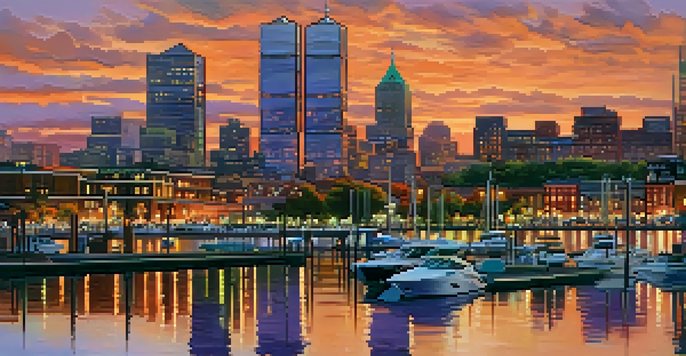 A scenic waterfront view of Jersey City at sunset, with skyscrapers and boats.