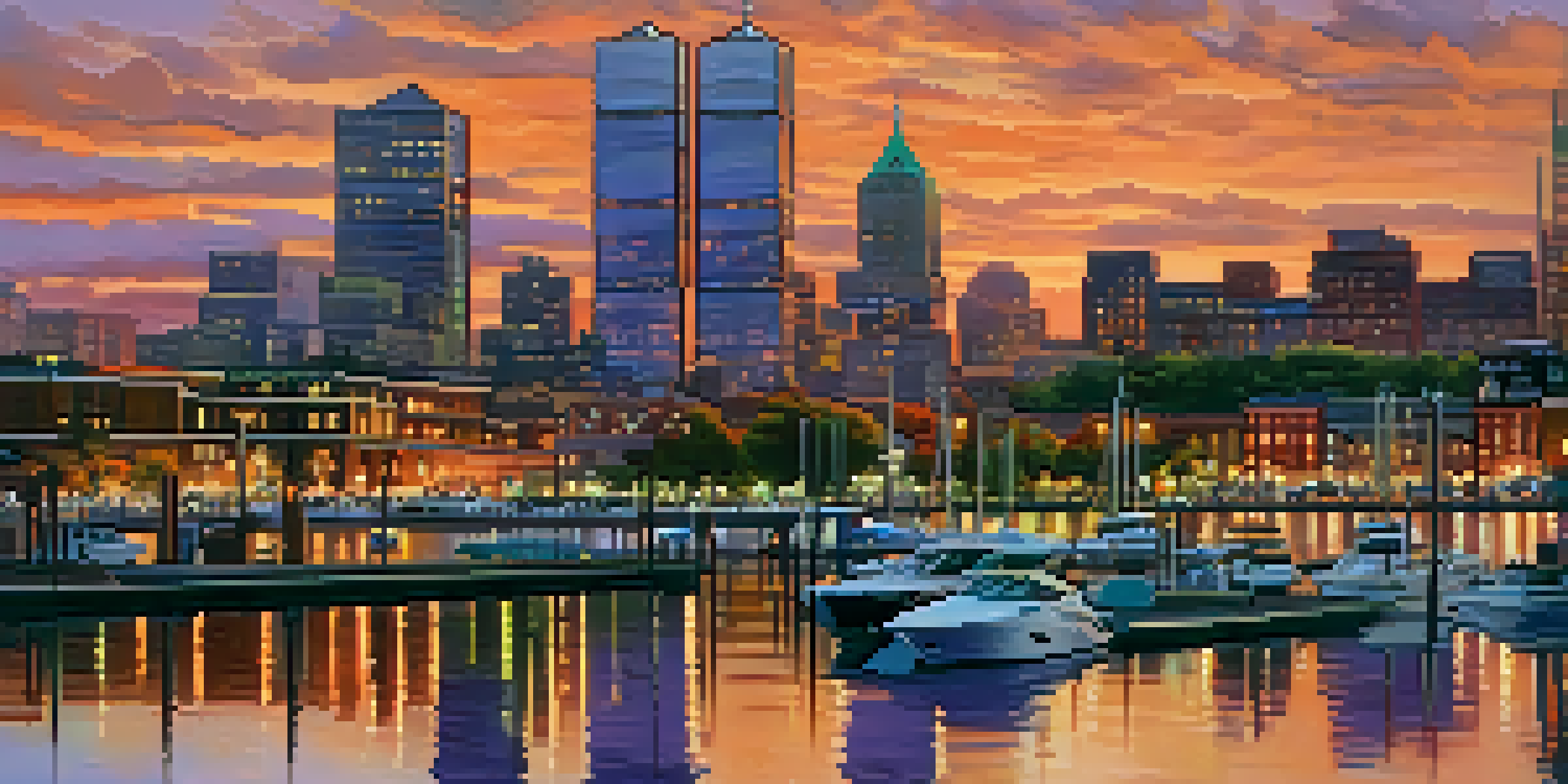 A scenic waterfront view of Jersey City at sunset, with skyscrapers and boats.