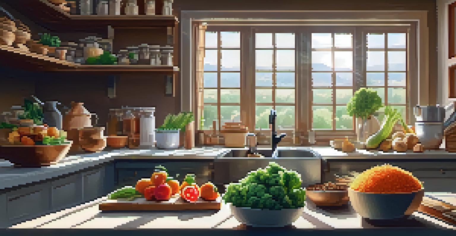 A cozy kitchen with a wooden table filled with whole foods for meal prep, sunlight streaming through the window, and a notebook for planning.
