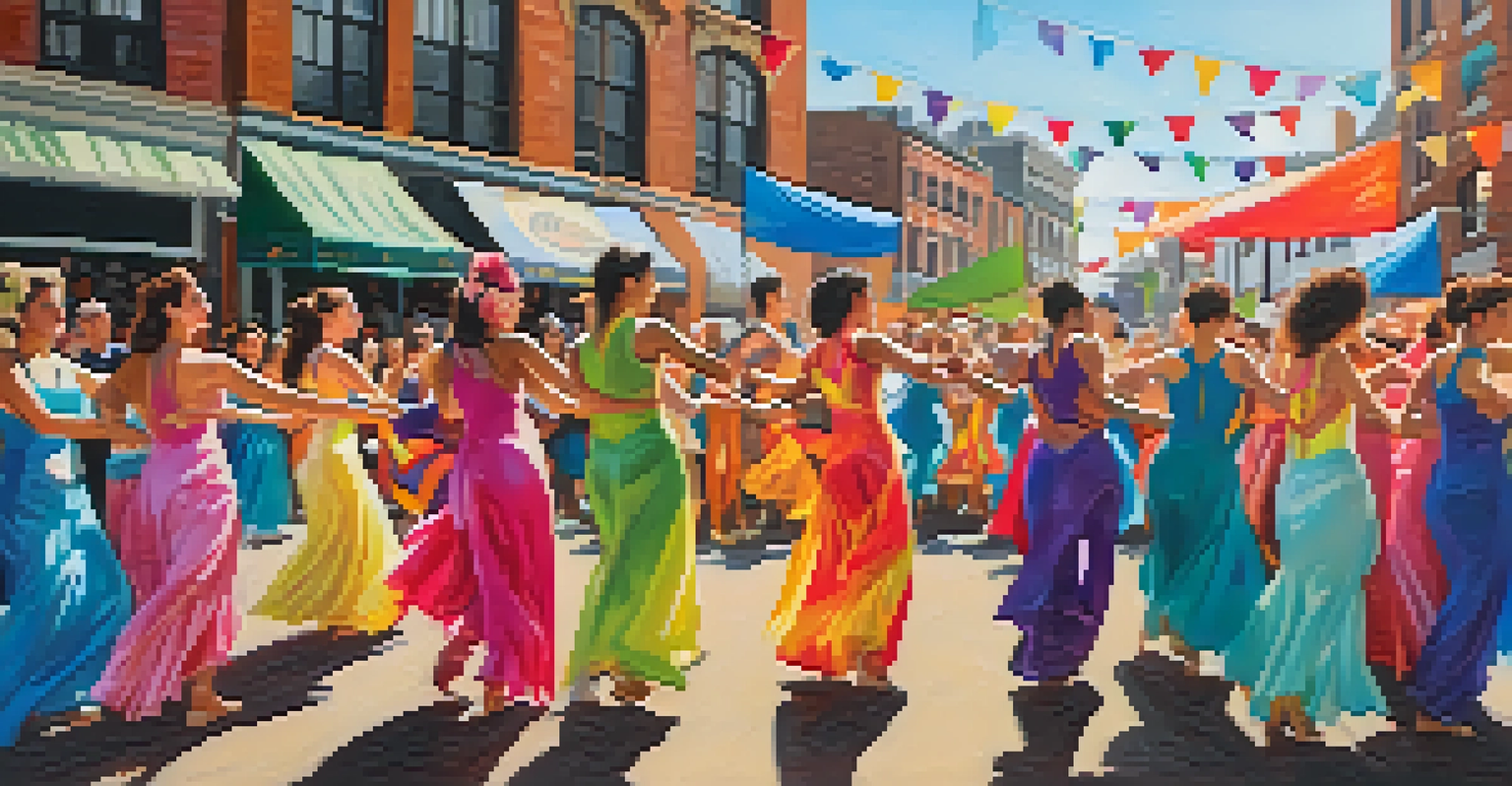 A lively arts festival in Jersey City, with performers in vibrant costumes dancing on stage, surrounded by an engaged audience and colorful decorations.