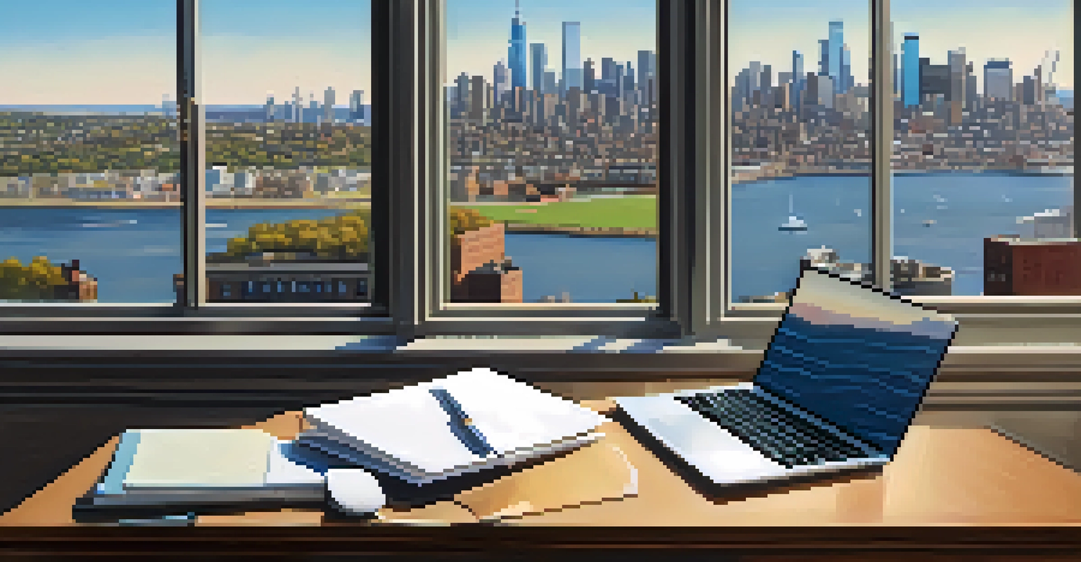 A cozy home office desk with a laptop, notepads, and a coffee cup, with a view of Jersey City's skyline through a window.