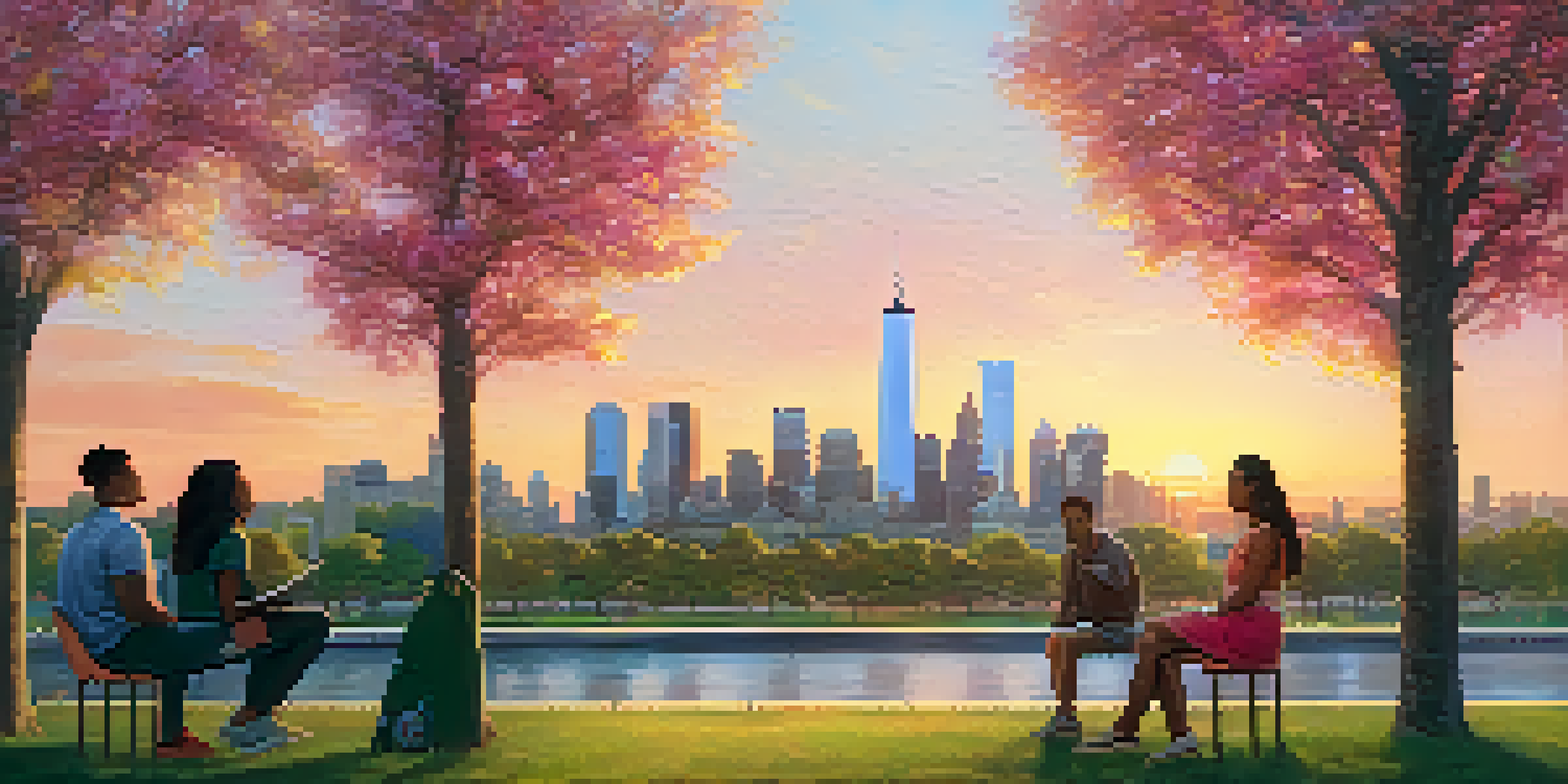 A sunset view of Jersey City skyline with students discussing in a park surrounded by flowers.