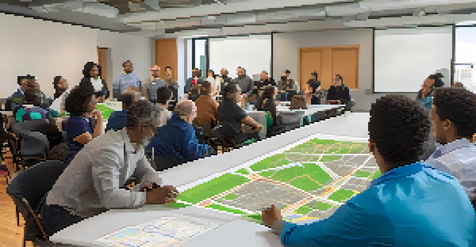 A community forum in Jersey City with residents discussing transit developments around a table.