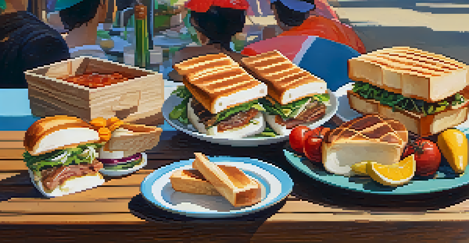 Delicious festival dishes displayed on a picnic table, including pork belly bao and gourmet grilled cheese sandwiches in a sunny outdoor setting.