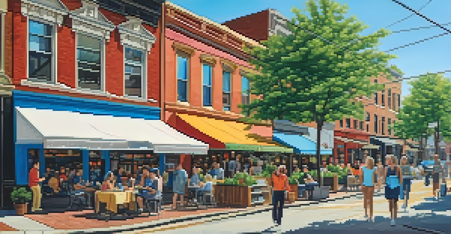 A lively Jersey City street with cafes, shops, and people enjoying the outdoor atmosphere.