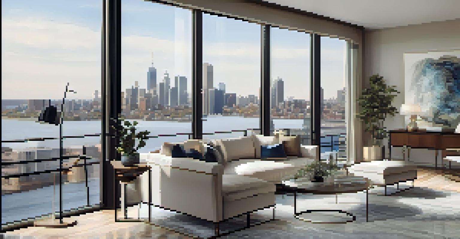 An interior view of a luxury condo in Jersey City, highlighting modern furniture and large windows with river views.