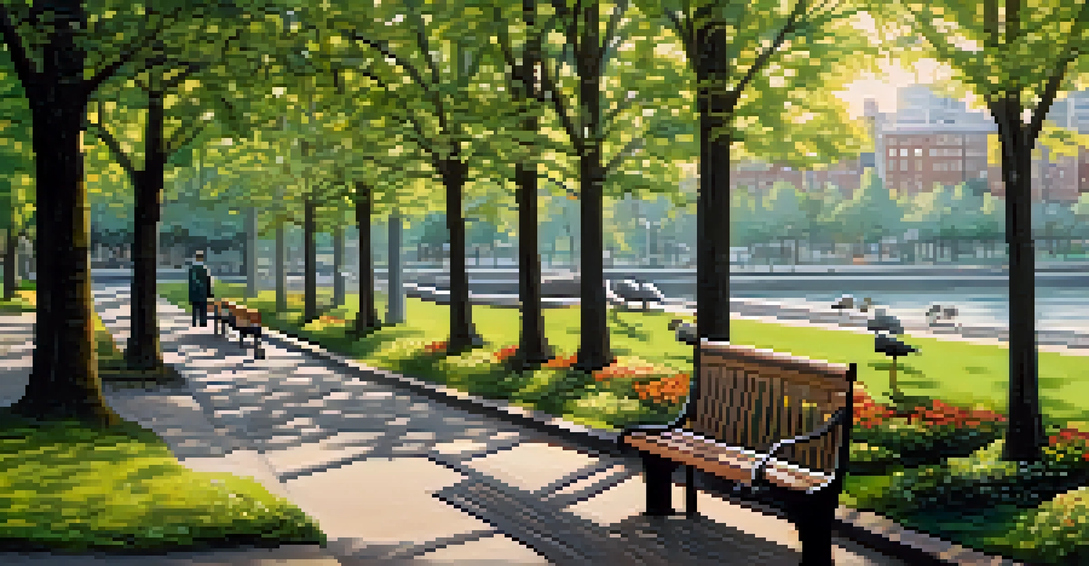 A calm park scene in Jersey City with a walking path, trees, and flowers, featuring a person reading on a bench under dappled sunlight.