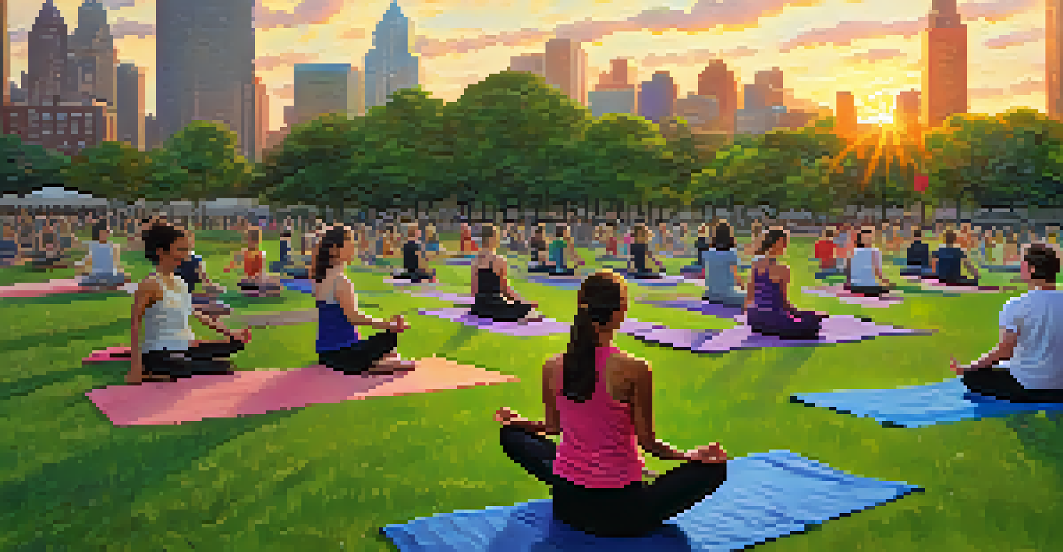 An outdoor yoga class in a park with participants practicing yoga poses during sunset, surrounded by greenery.