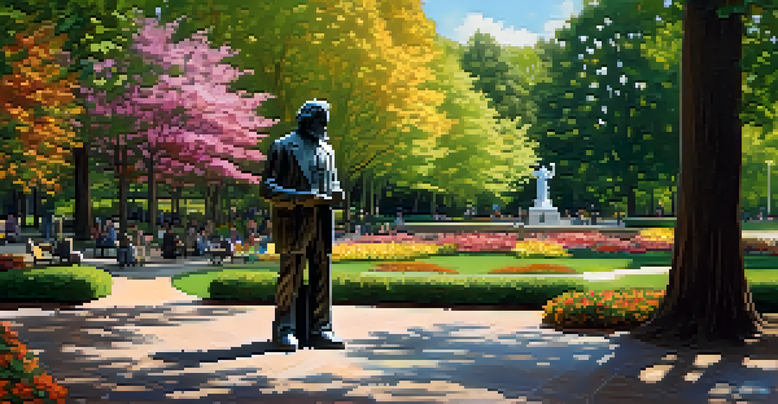 A peaceful park honoring Walt Whitman, with a statue, flowers, and people enjoying the serene atmosphere.