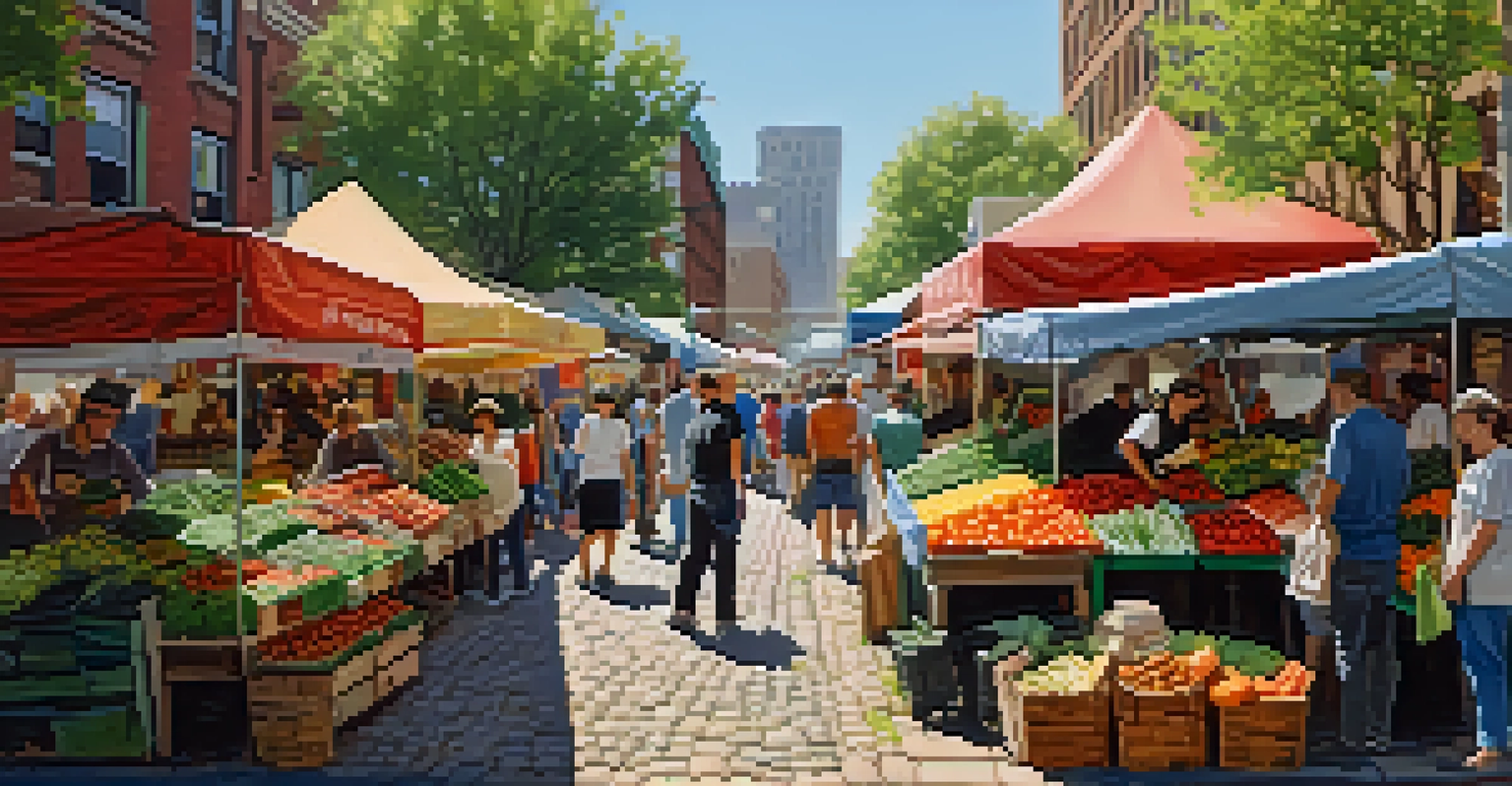 A vibrant local market in Jersey City with colorful stalls and shoppers interacting with vendors under sunny skies.
