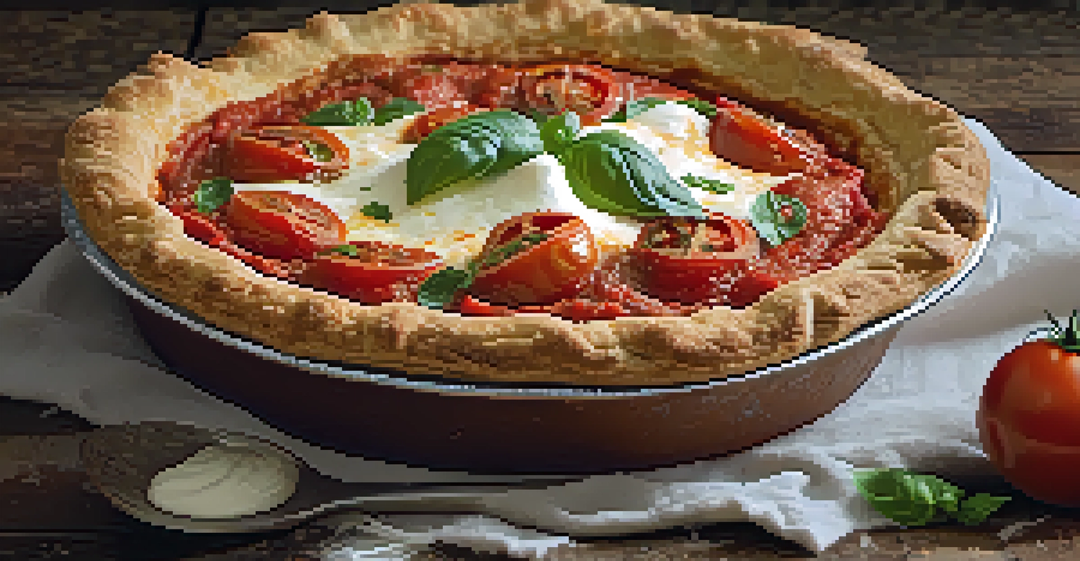A close-up shot of a Jersey City tomato pie with fresh mozzarella, zesty tomato sauce, and basil, displayed on a rustic wooden table.