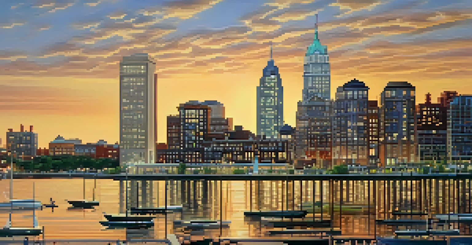 A modern view of Jersey City's skyline in the late 1990s, showing luxury condos alongside historic buildings at sunset.