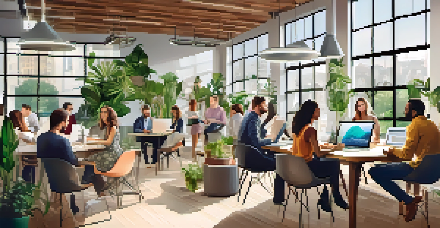 A diverse group of entrepreneurs collaborating in a bright co-working space filled with natural light and modern decor.