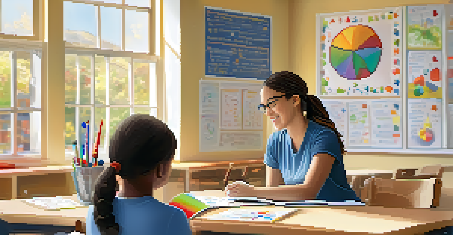 A volunteer helping a young student with math in a bright and colorful classroom, filled with educational materials.