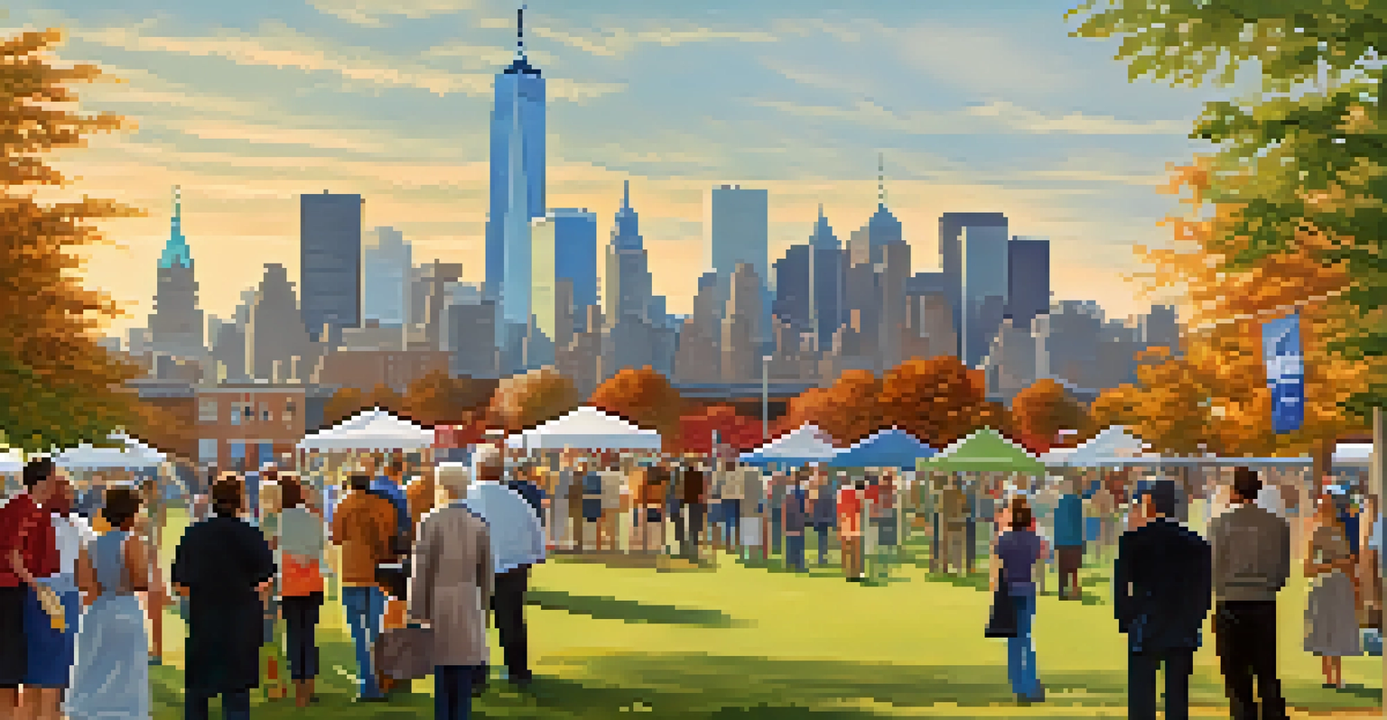A diverse group of residents participating in a historical walking tour at Liberty State Park, with the NYC skyline in the background and bright banners around.