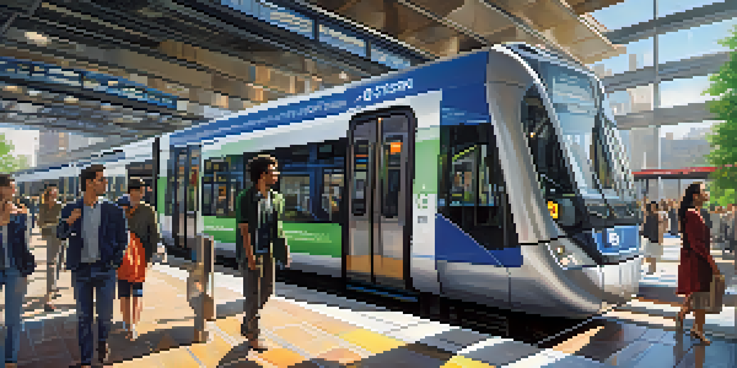 A busy transit hub in Jersey City with a light rail train and diverse commuters, surrounded by greenery and modern architecture.