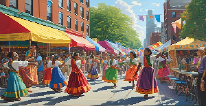 A lively cultural festival in Jersey City with young people dancing in colorful costumes and decorated stalls in the background.