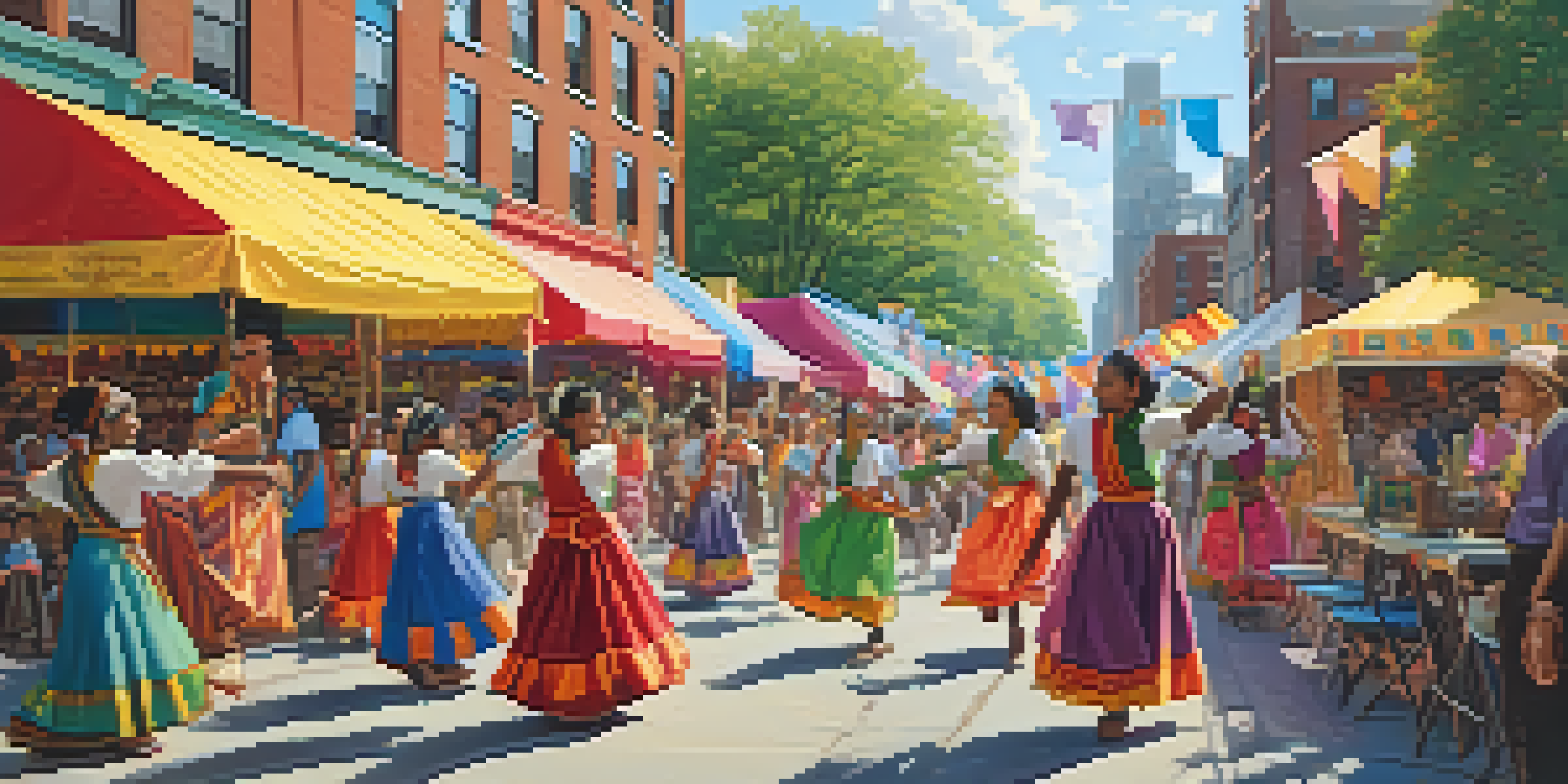 A lively cultural festival in Jersey City with young people dancing in colorful costumes and decorated stalls in the background.