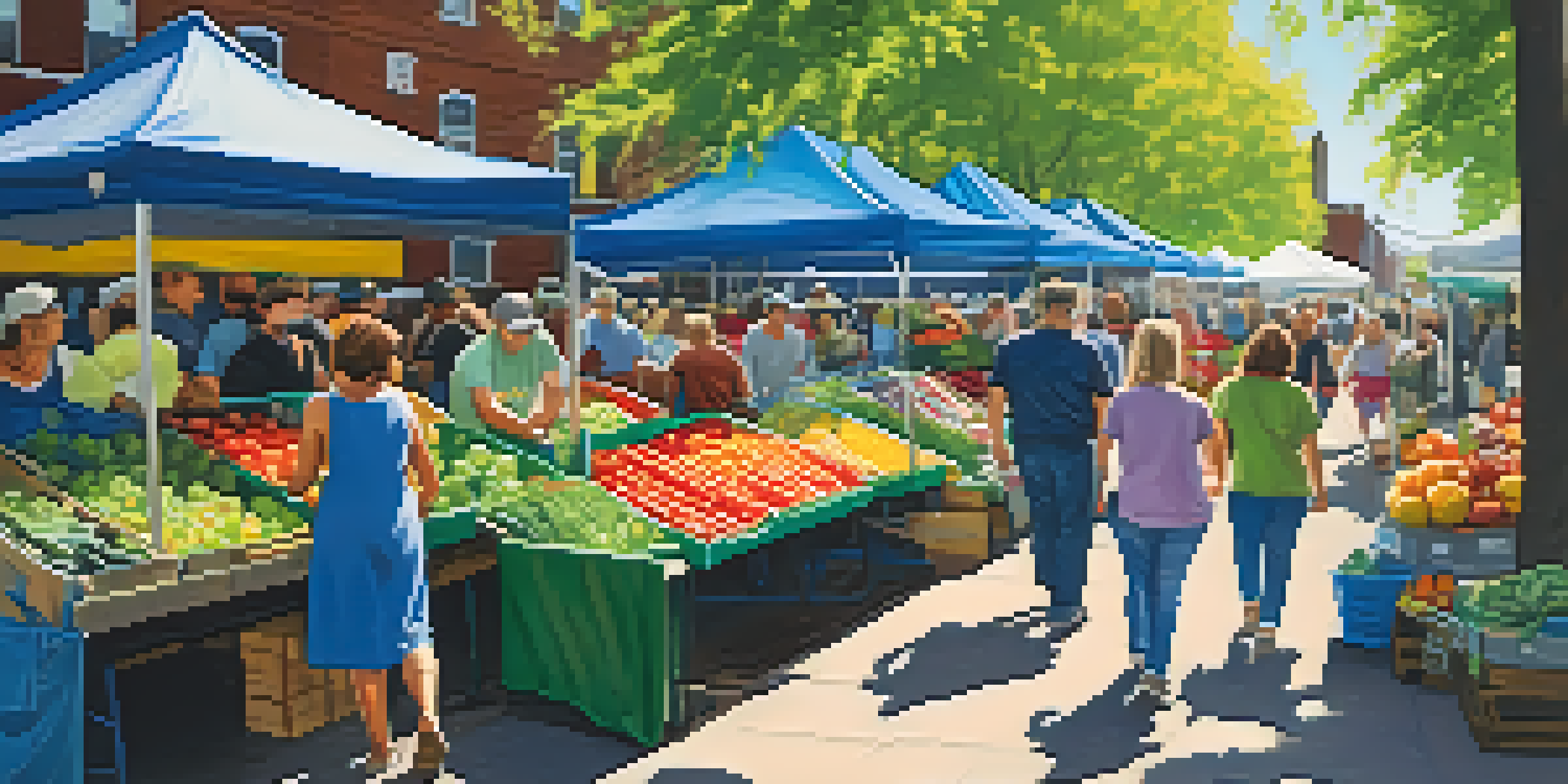 A lively farmers market in Jersey City with fresh produce, local vendors, and families enjoying the day under a sunny sky.