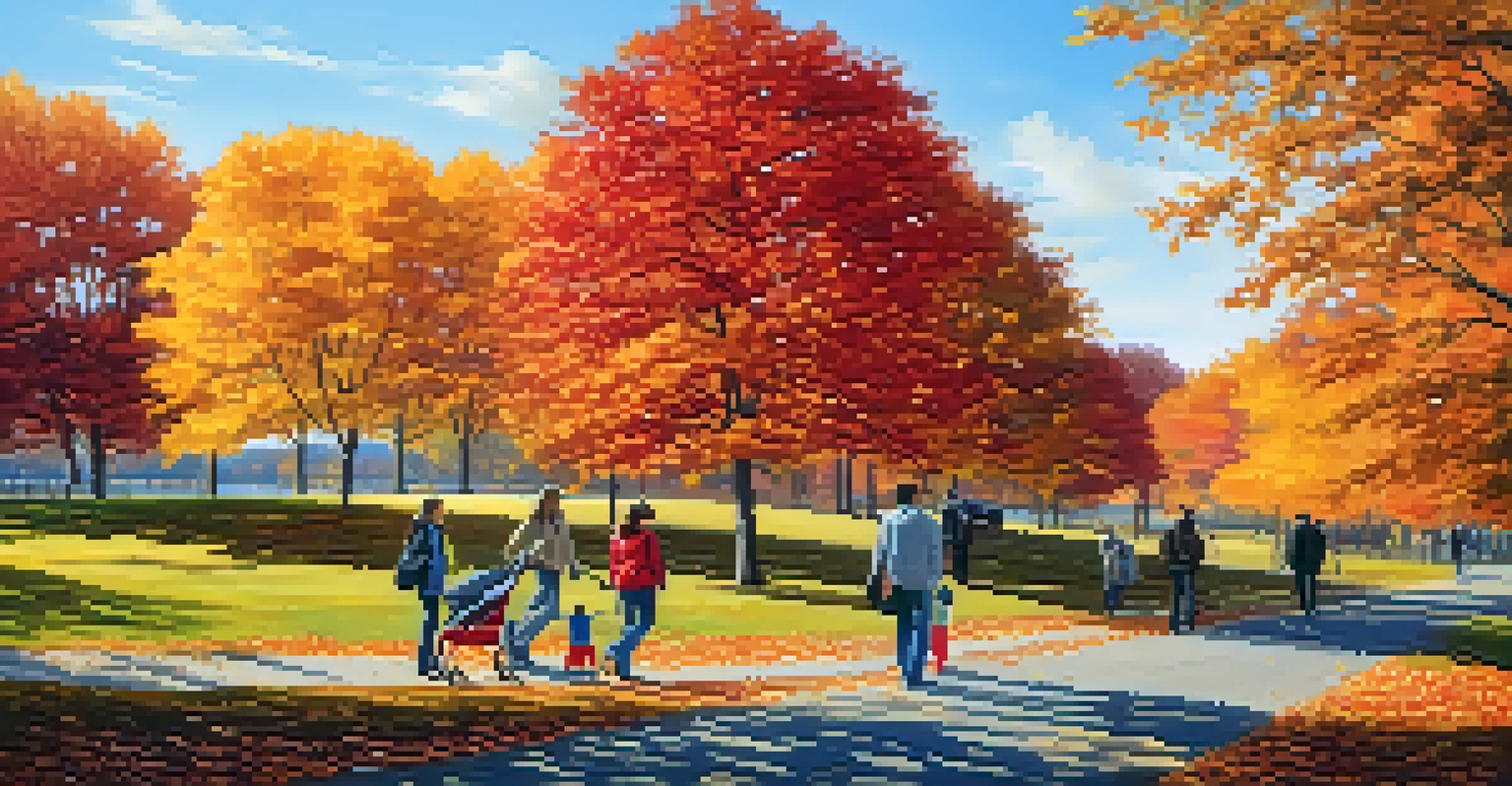 A family walking in Liberty State Park surrounded by colorful autumn foliage and falling leaves.