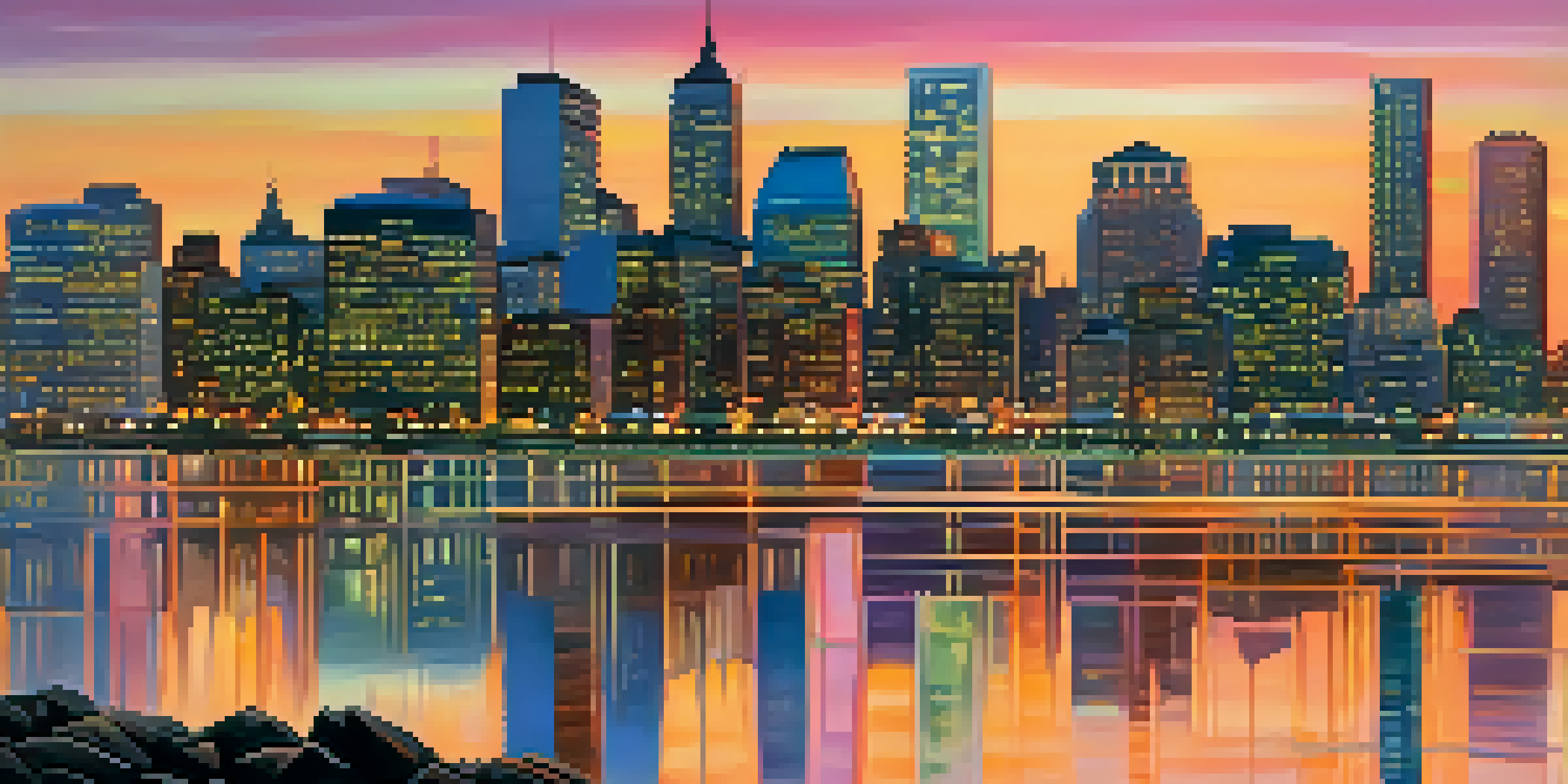 A panoramic view of Jersey City skyline at sunset with modern buildings and the Hudson River.