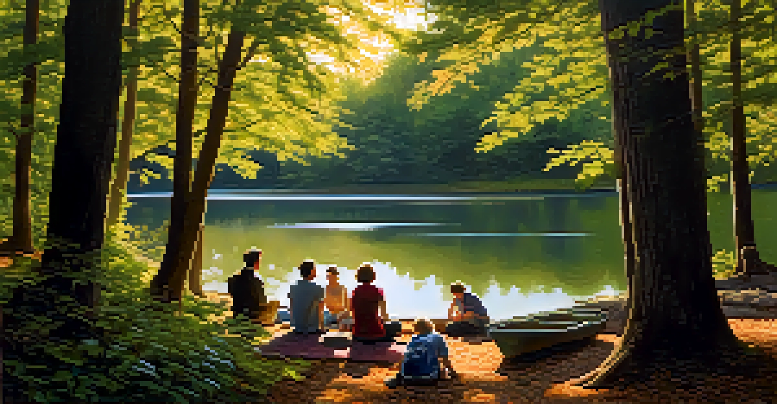 A tranquil lake in Watchung Reservation, with hikers having a picnic by the water surrounded by trees and birds in the sky.