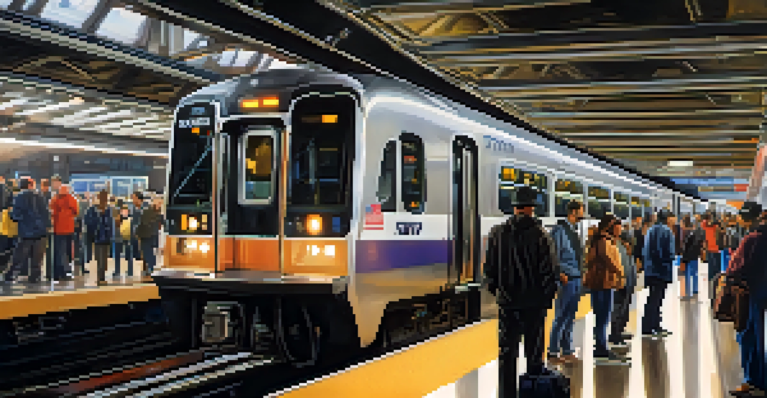 A busy Newark Penn Station with an NJ Transit train and commuters boarding, showcasing the lively transit environment.