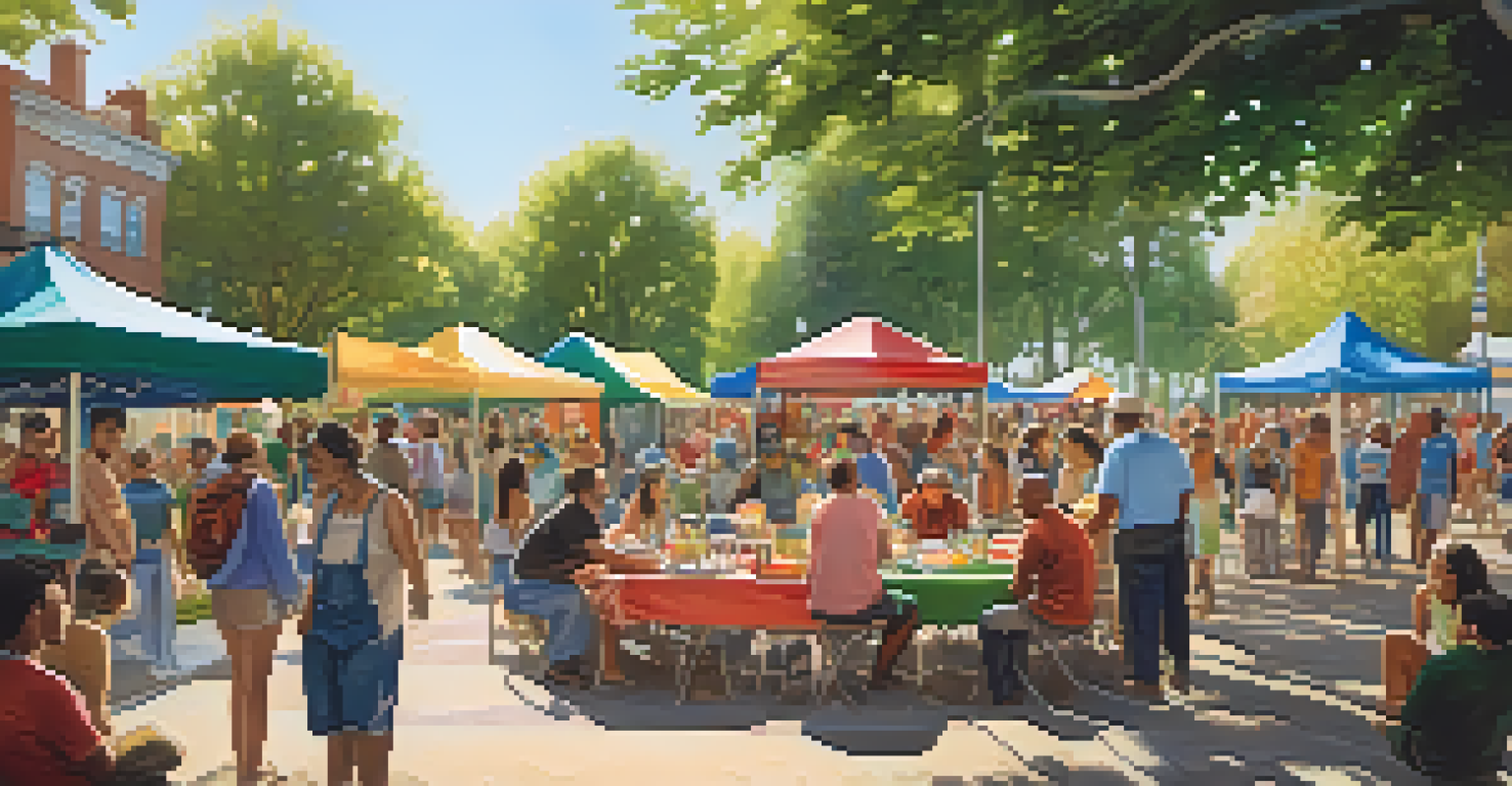 A lively park filled with community members, artisans, and families enjoying a sunny day together.