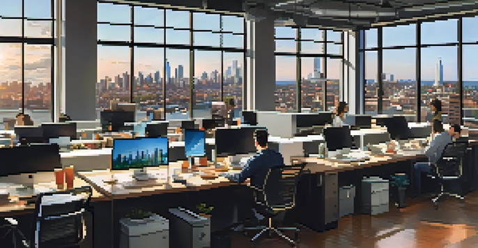 A diverse group of professionals working together in a modern tech office in Jersey City, with a view of New York City in the background.