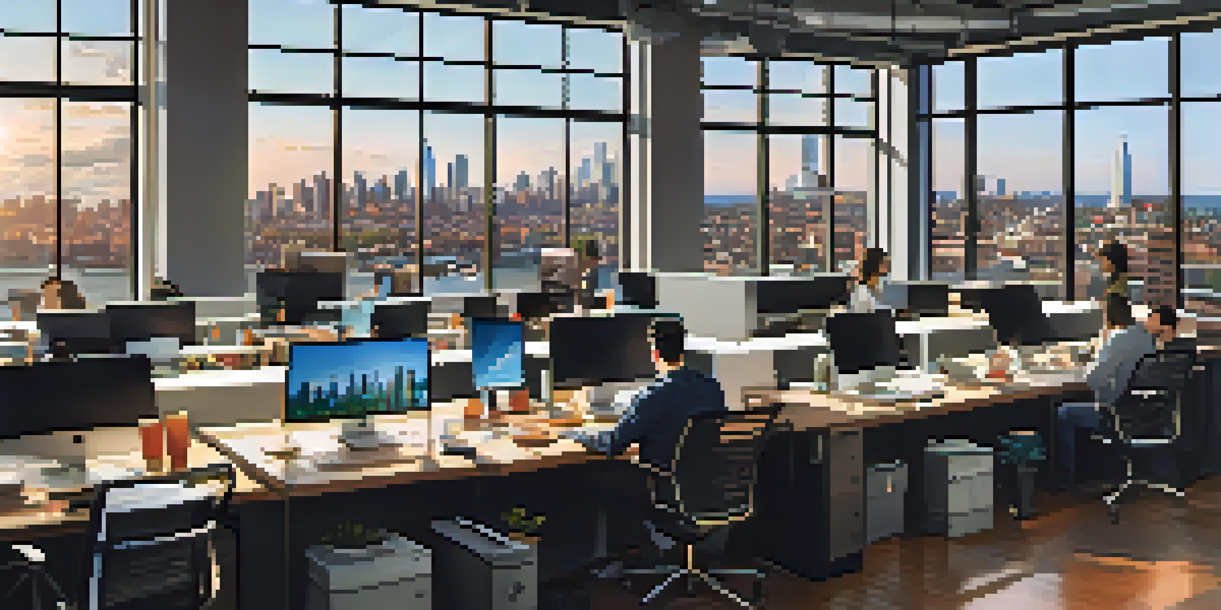 A diverse group of professionals working together in a modern tech office in Jersey City, with a view of New York City in the background.