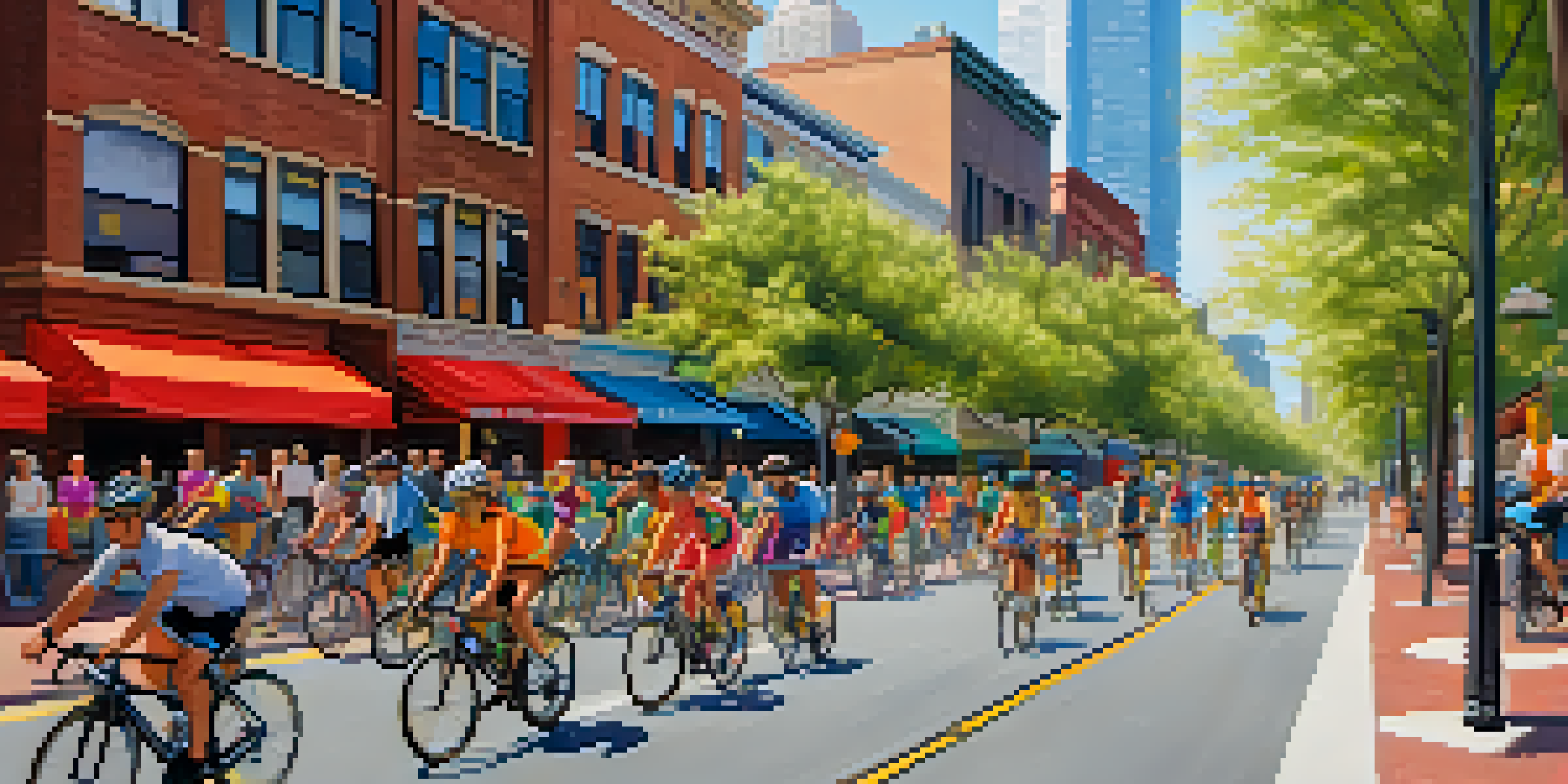 A diverse group of cyclists riding on a designated cycling path in Jersey City, with buildings and stalls in the background.