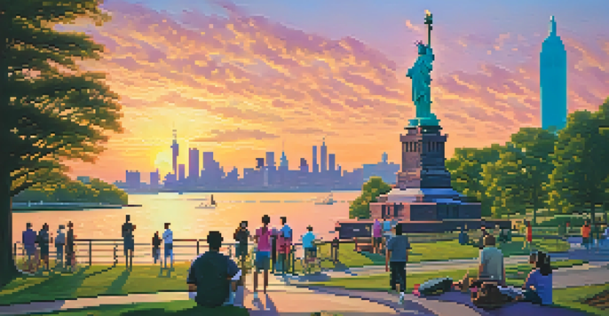 A sunset view of Liberty State Park with the Statue of Liberty and Ellis Island, families walking along the Liberty Walk.