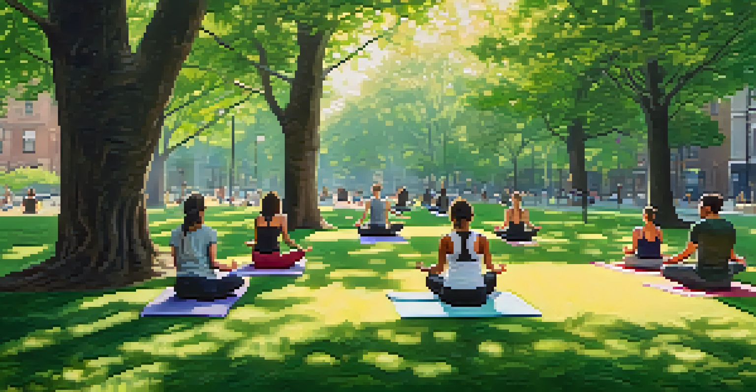 A peaceful park in Jersey City where individuals are practicing yoga and meditation among greenery and flowers, with soft sunlight filtering through the trees.