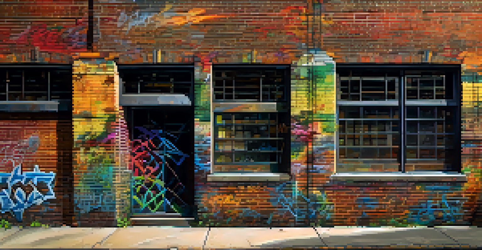 A close-up of an old factory building's brick facade in Jersey City, featuring vines and colorful graffiti art.