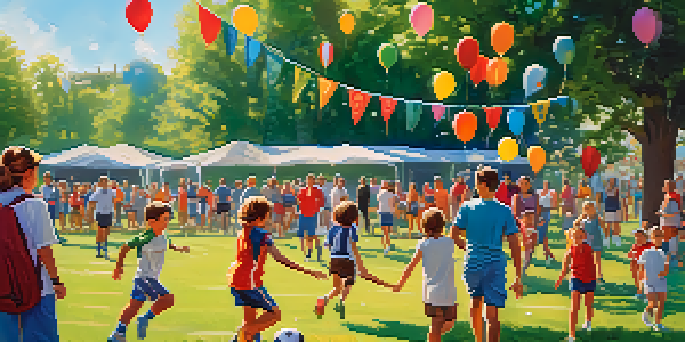 A lively community sports event in a sunny park with families playing soccer and cheering.