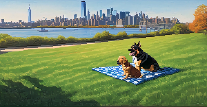 A joyful dog running in Liberty State Park with the Manhattan skyline and Statue of Liberty in the background.