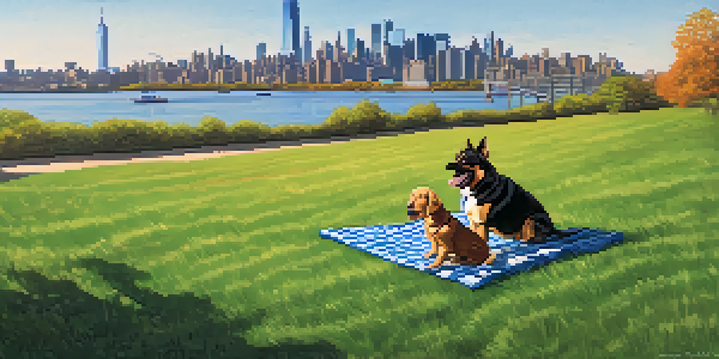 A joyful dog running in Liberty State Park with the Manhattan skyline and Statue of Liberty in the background.