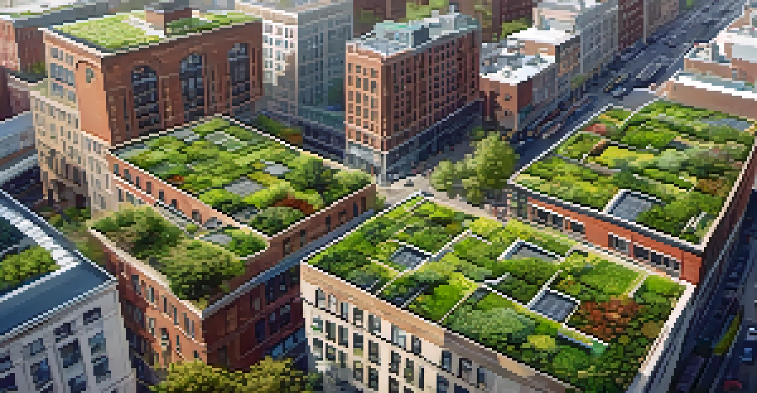 Aerial view of Jersey City showing green roofs, rain gardens, and busy streets, all under warm afternoon light.
