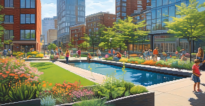 An urban park in Jersey City with green plants, rain garden, and families enjoying the outdoors, set against a backdrop of modern buildings and a clear sky.