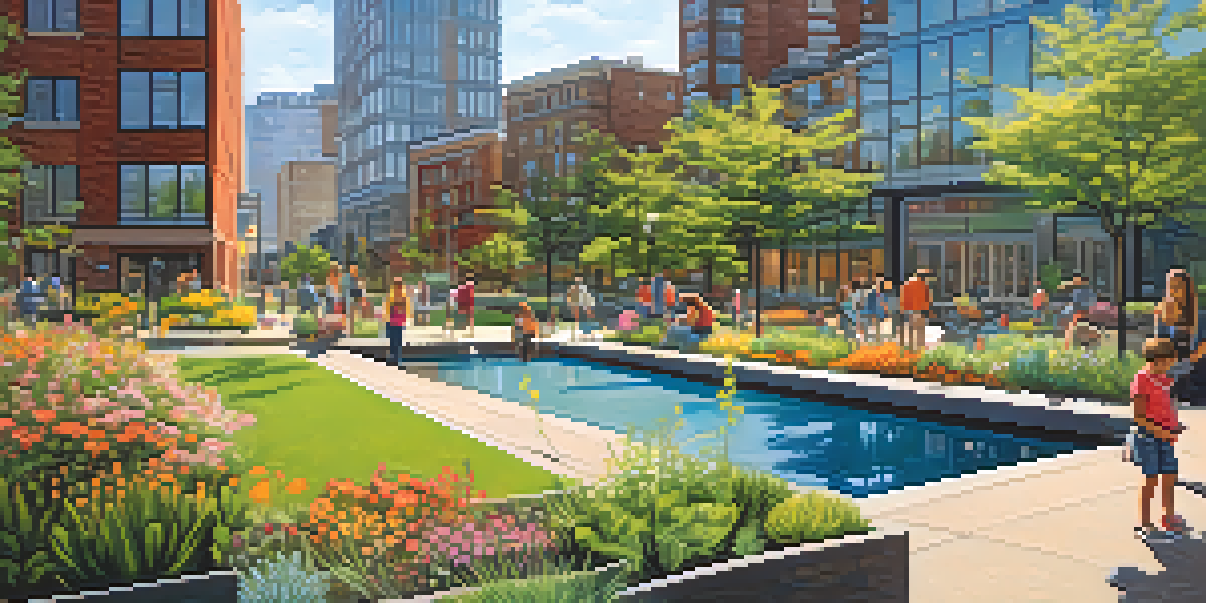 An urban park in Jersey City with green plants, rain garden, and families enjoying the outdoors, set against a backdrop of modern buildings and a clear sky.