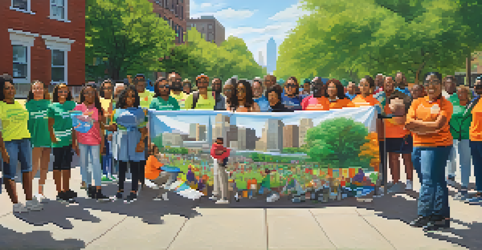 A diverse group of community members and an influencer participating in a park clean-up event, promoting social change in Jersey City.