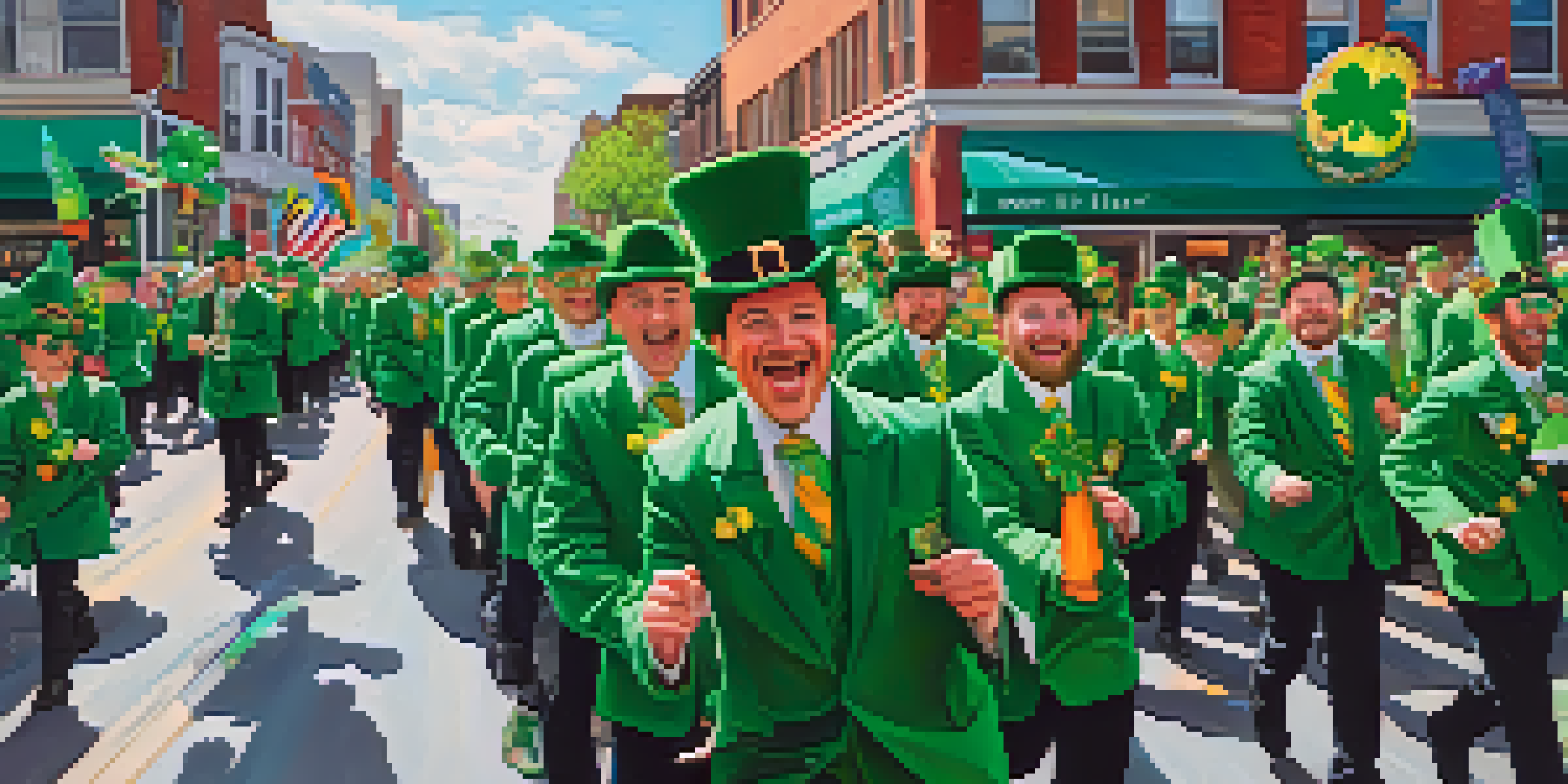 A lively parade scene with colorful floats and marchers in green attire, celebrating Saint Patrick's Day in Jersey City.
